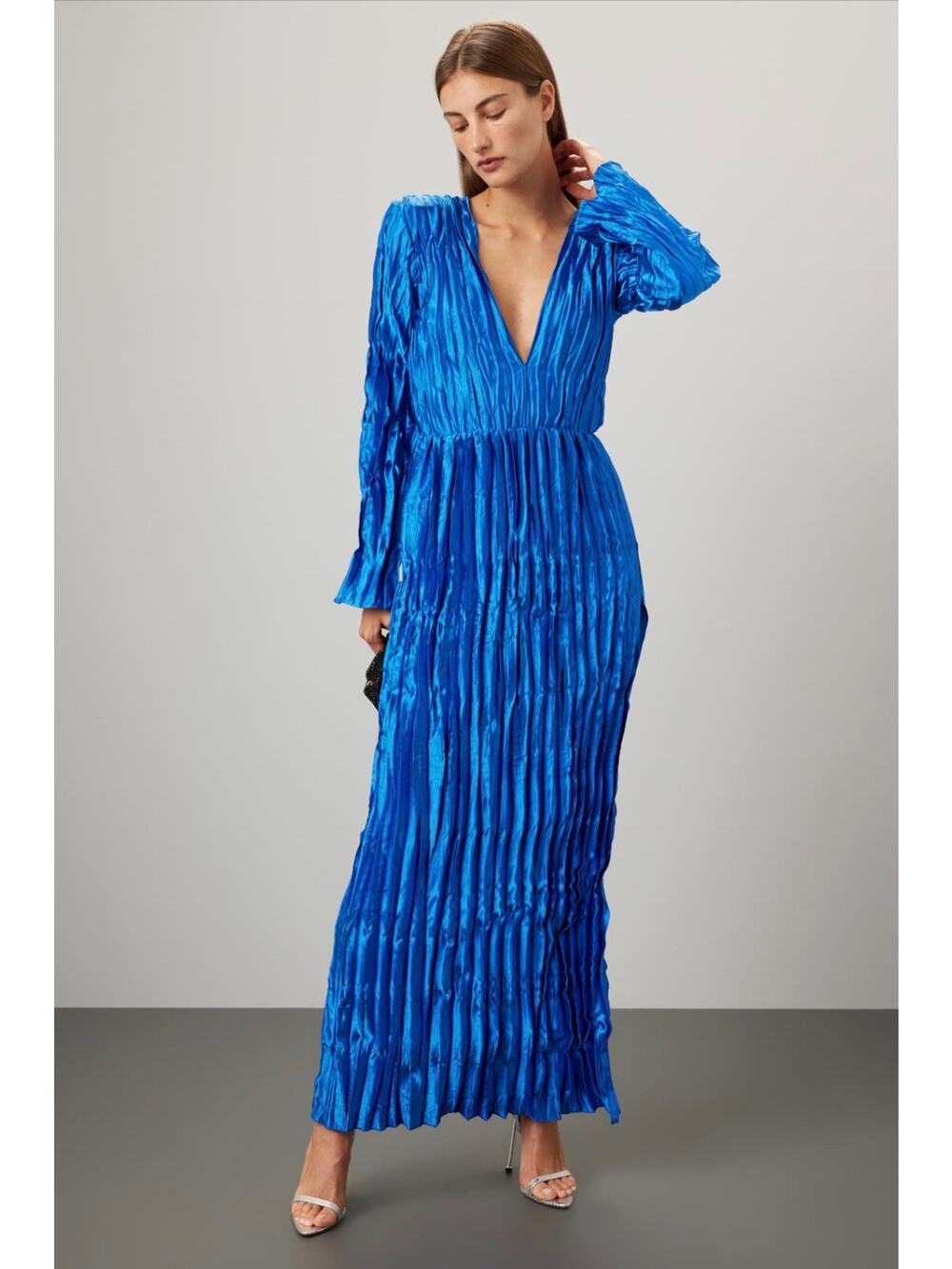L’IDEE Blue Satin Costes Dress Pleated Formal Size 14